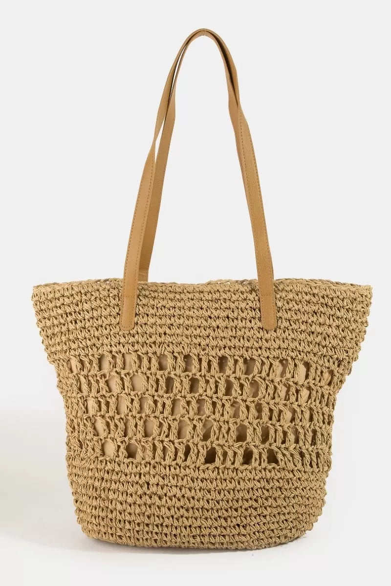 Fame Intricate Straw Braided Large Tote Bag - Trendsi