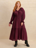 Plus Size Swiss Dot Tie Neck Flounce Sleeve Maxi Dress - Trendsi