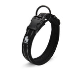 Black reflective dog collar with breathable mesh padding and black quick-release buckle, featuring the Truelove logo.