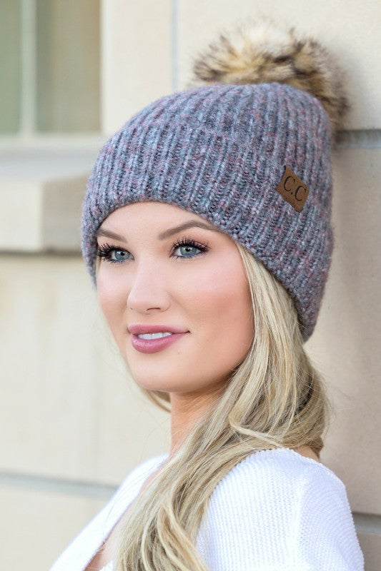 Cozy Marled Knit Beanie with Faux Fur Pom