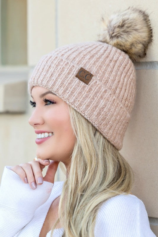 Cozy Marled Knit Beanie with Faux Fur Pom