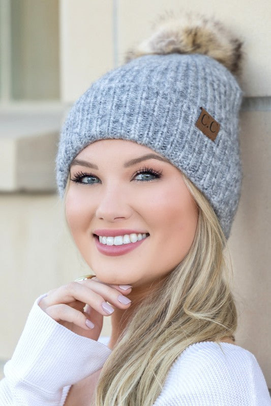 Cozy Marled Knit Beanie with Faux Fur Pom