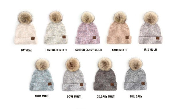 Cozy Marled Knit Beanie with Faux Fur Pom