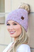 Cozy Marled Knit Beanie with Faux Fur Pom