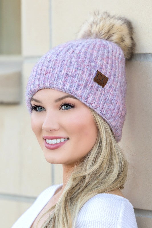 Cozy Marled Knit Beanie with Faux Fur Pom