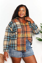 Double Take Plaid Curved Hem Shirt Jacket with Breast Pockets - Trendsi