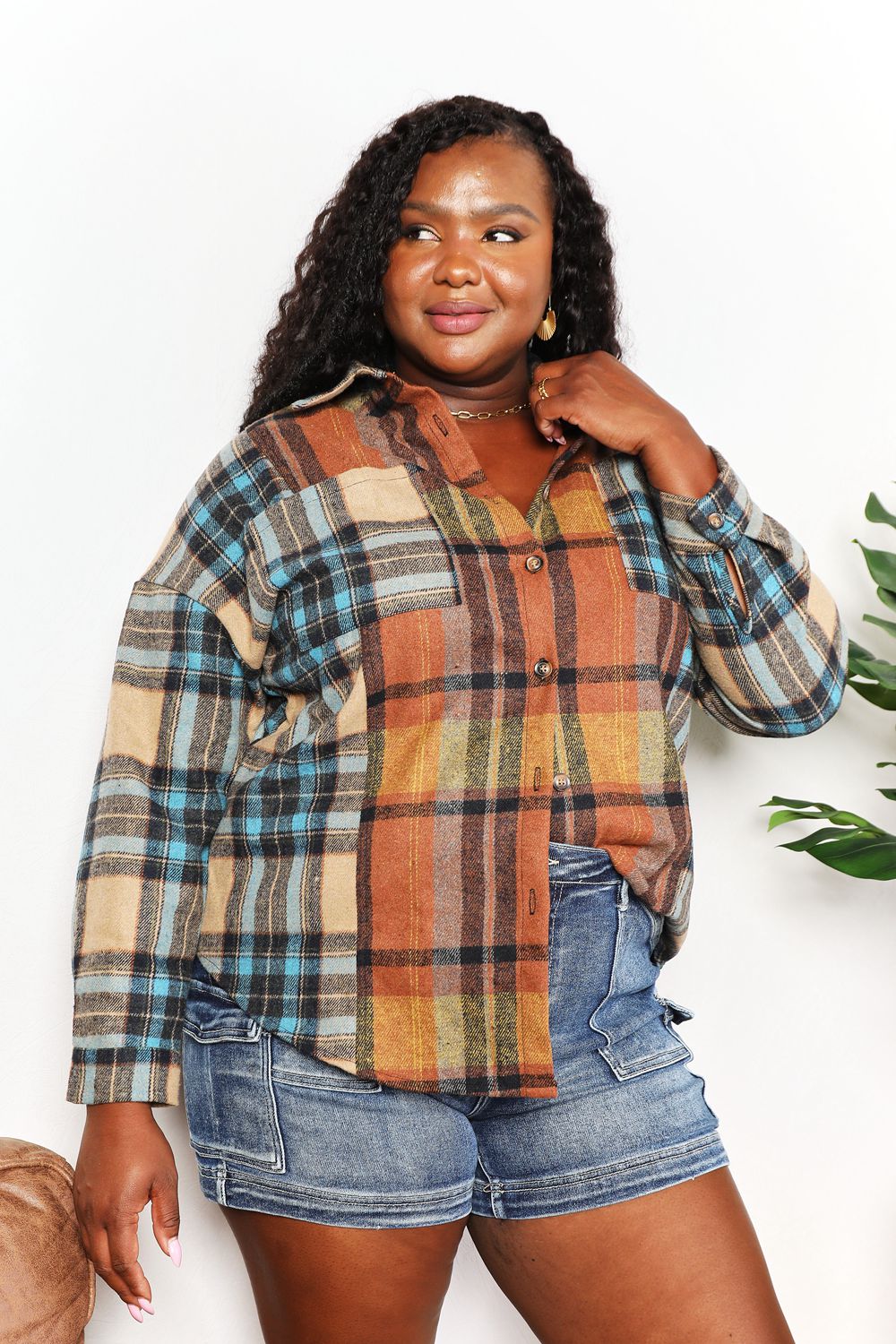 Double Take Plaid Curved Hem Shirt Jacket with Breast Pockets - Trendsi