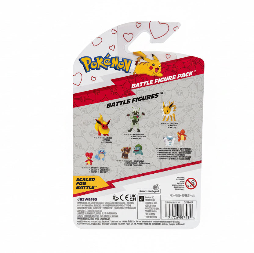 Pokémon Battle Figure Pack packaging with illustrations of Pokémon characters on a white background.