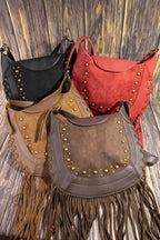 Fame Rivet Trim Suede Fringe Shoulder Bag - Trendsi
