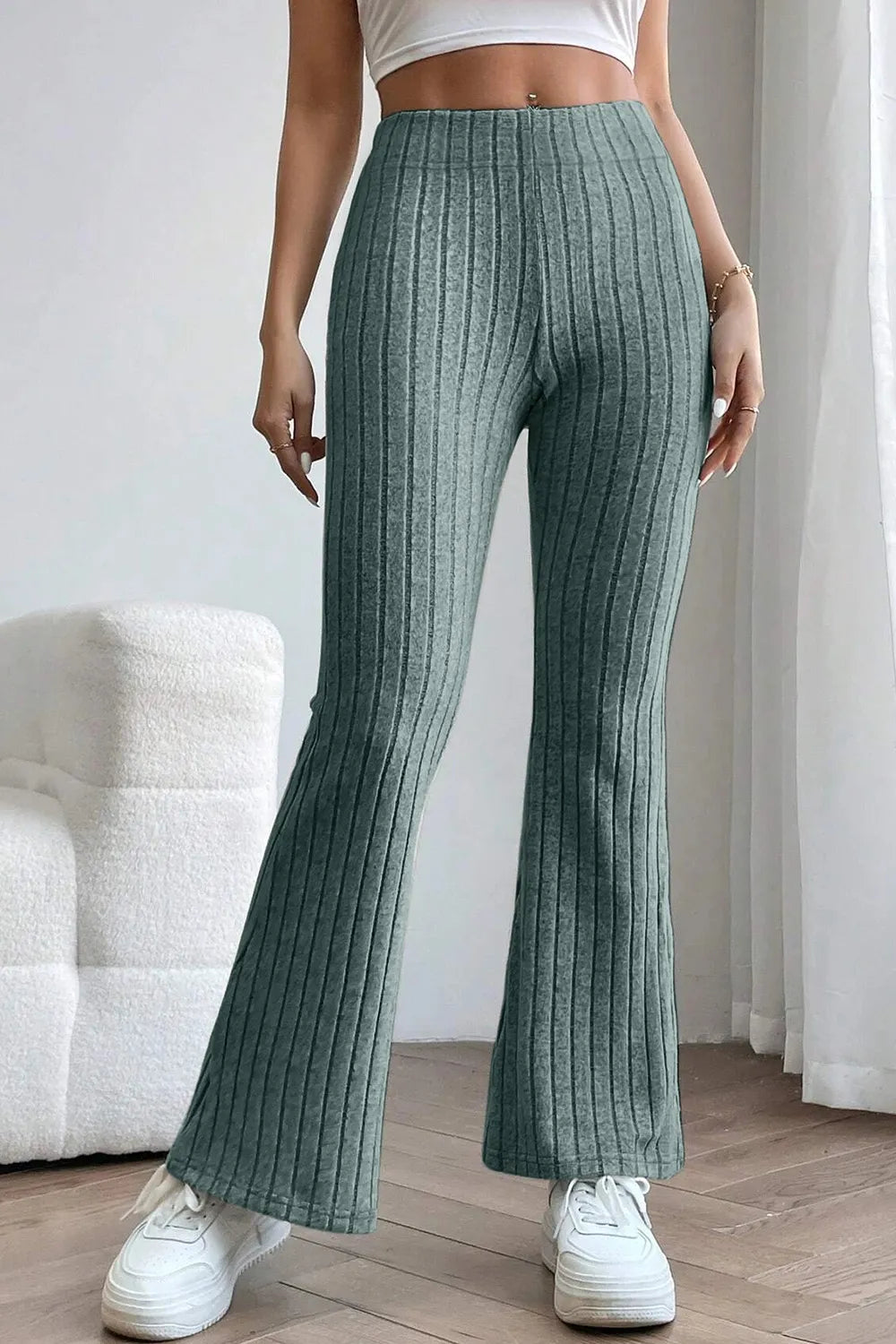Basic Bae Full Size Ribbed High Waist Flare Pants - Trendsi