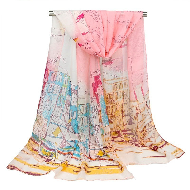 Women's Silk Scarf Sailing Oil Painting Printed Scarf
