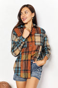 Double Take Plaid Curved Hem Shirt Jacket with Breast Pockets - Trendsi