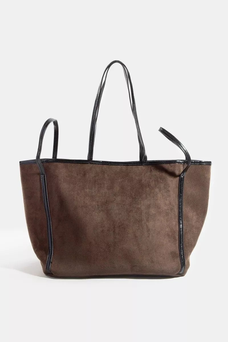 Fame Suede Tote Faux Leather Trim Shoulder Strap - Trendsi