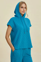 Double Take Full Size Texture Drawstring Short Sleeve Hoodie and Pocketed Pants Set - Trendsi
