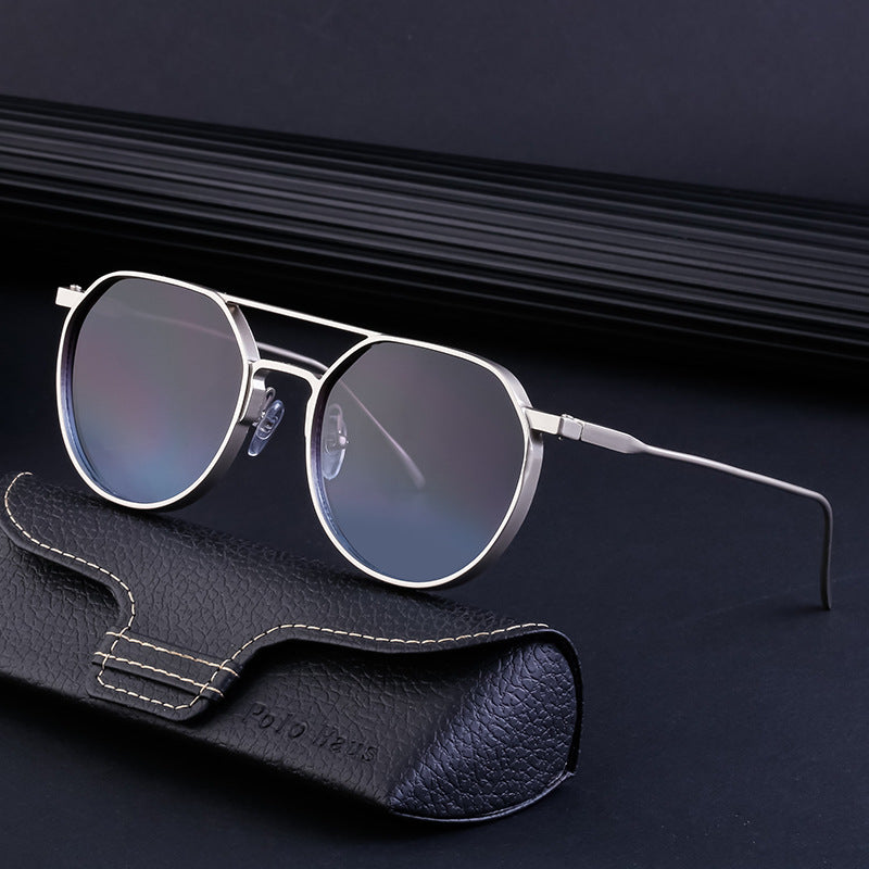 Oval Frame Men's Metal Double Beam Driving Sunglasses