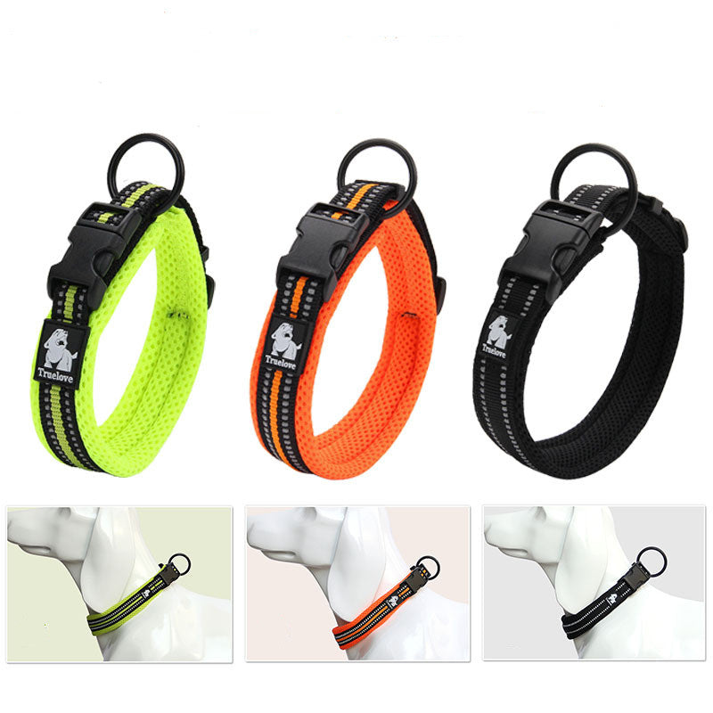 Three reflective dog collars in neon yellow, orange, and black, shown individually and on white mannequin dog necks, featuring breathable mesh and quick-release buckles.