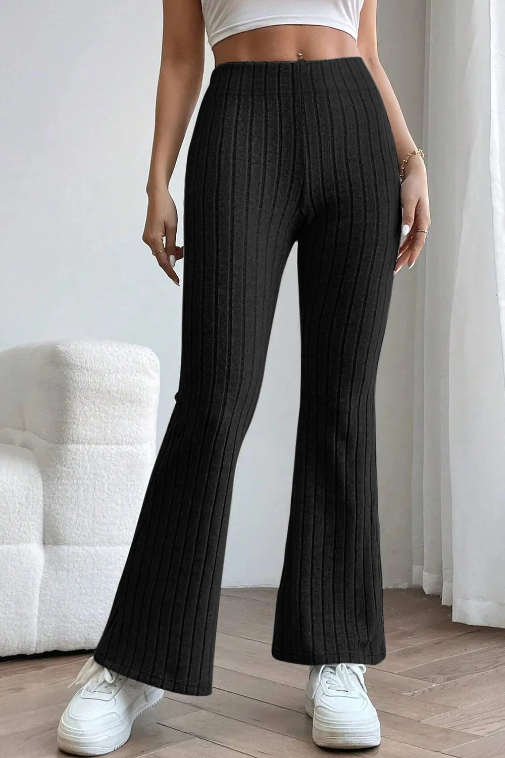 Basic Bae Full Size Ribbed High Waist Flare Pants - Trendsi