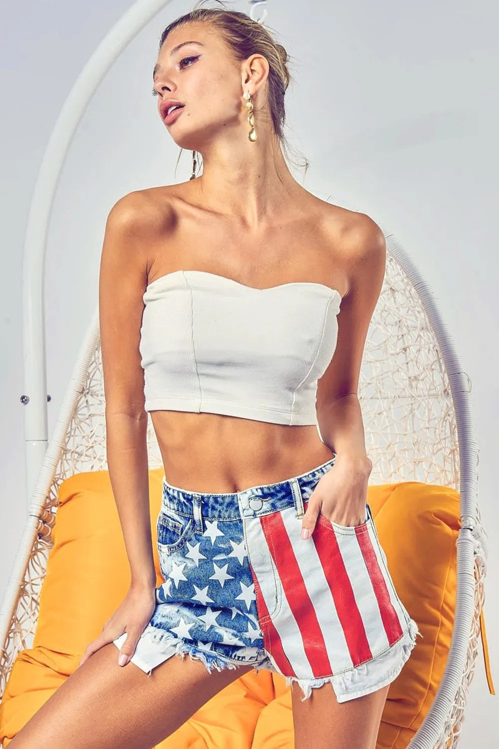 BiBi US Flag Theme Bleached Denim Shorts - Trendsi