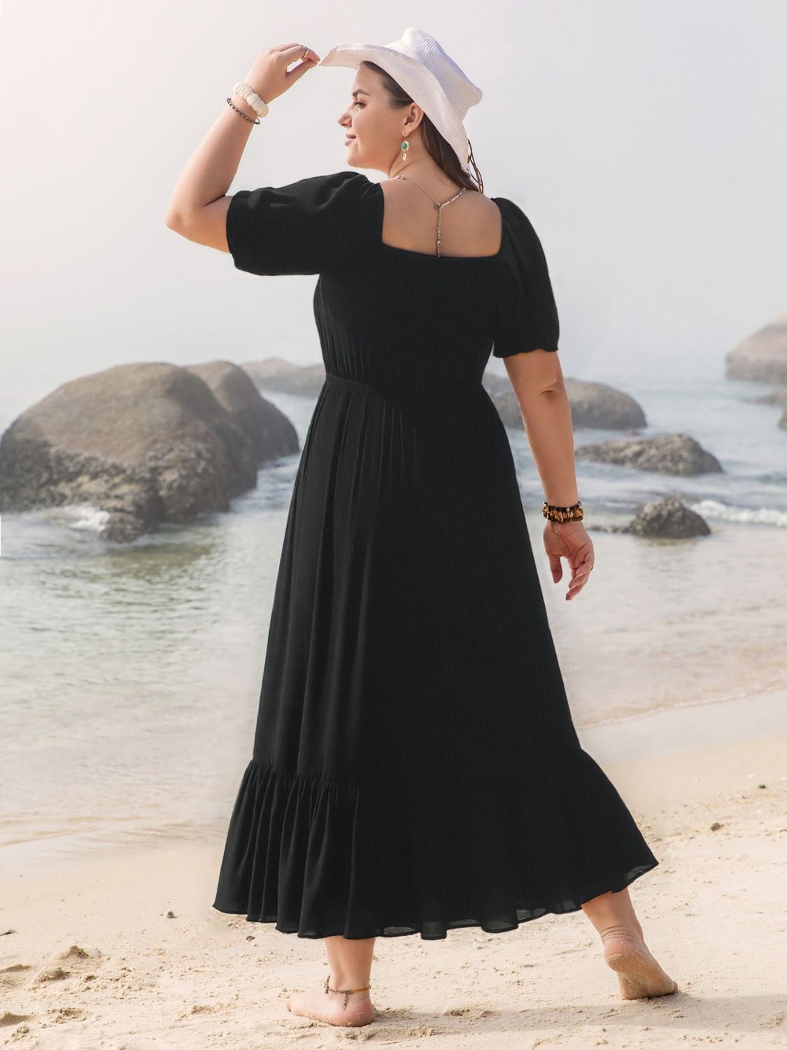 Plus Size Ruffled Hem Square Neck Short Sleeve Dress - Trendsi