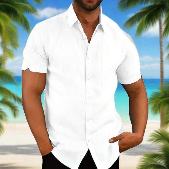 Man wearing a withe short sleeve summer solid shirt casual loose top tee