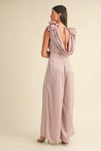 MABLE 3D Floral Applique Deep Cowl Neck Jumpsuit - Trendsi