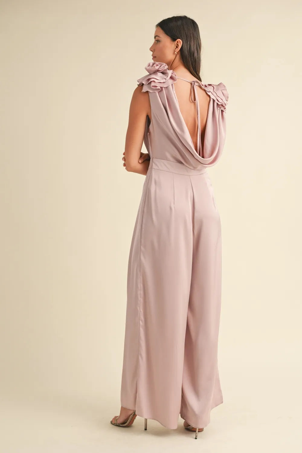 MABLE 3D Floral Applique Deep Cowl Neck Jumpsuit - Trendsi