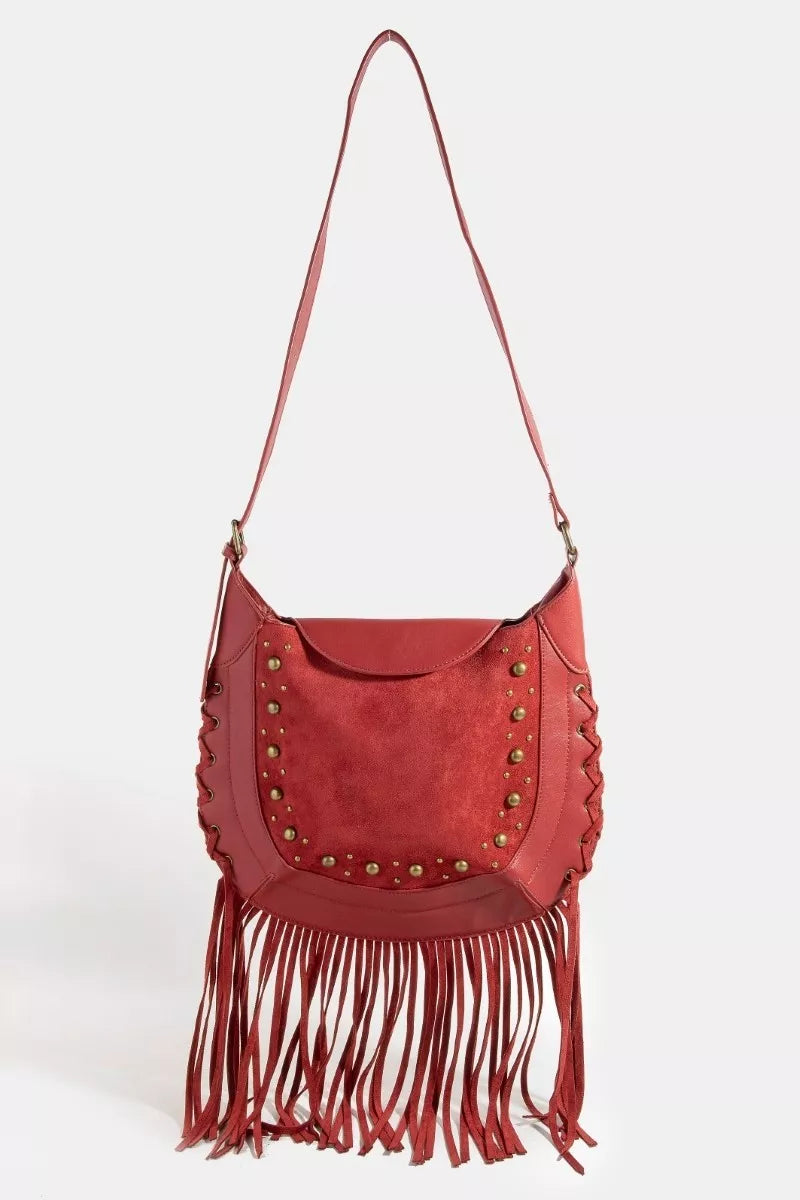Fame Rivet Trim Suede Fringe Shoulder Bag - Trendsi