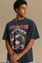 Model wearing Men’s Graphic Round Neck Half Sleeve T-Shirt with vintage print, front view.