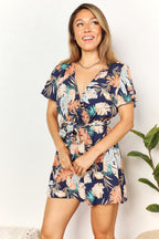 Honey Botanical Print Surplice Neck Tie Waist Romper - Trendsi