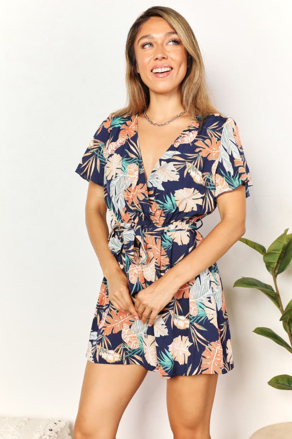 Honey Botanical Print Surplice Neck Tie Waist Romper - Trendsi