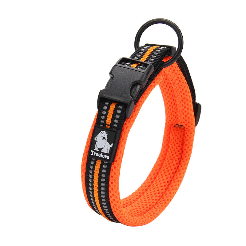Bright orange reflective dog collar with breathable mesh padding and black quick-release buckle.