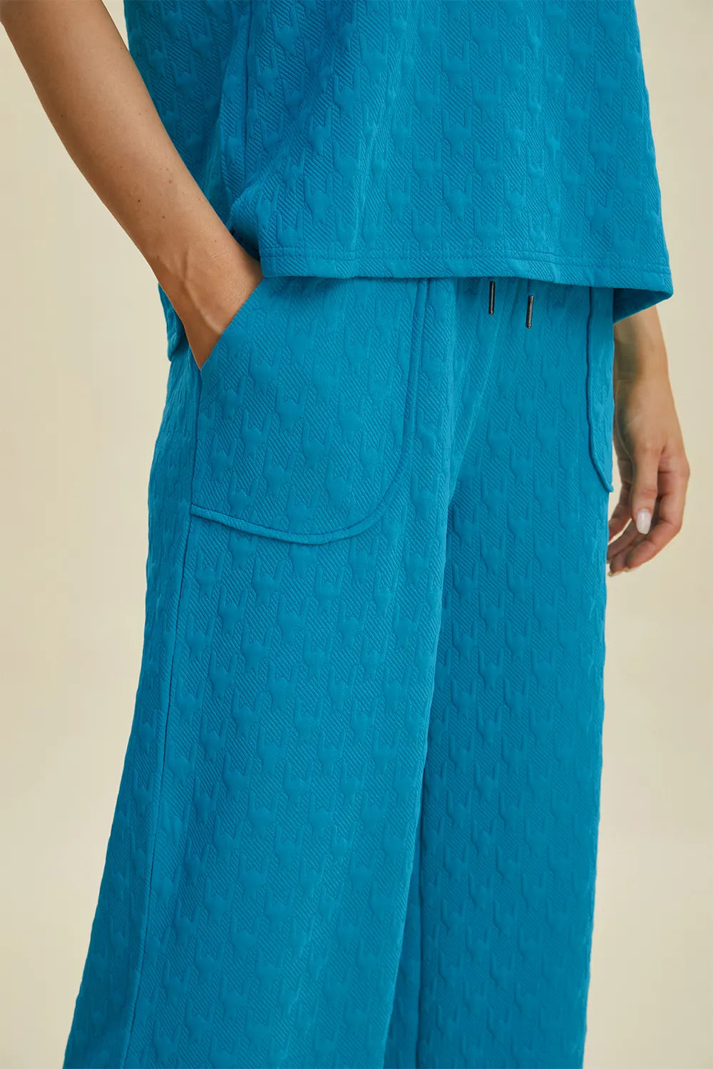 Double Take Full Size Texture Drawstring Short Sleeve Hoodie and Pocketed Pants Set - Trendsi