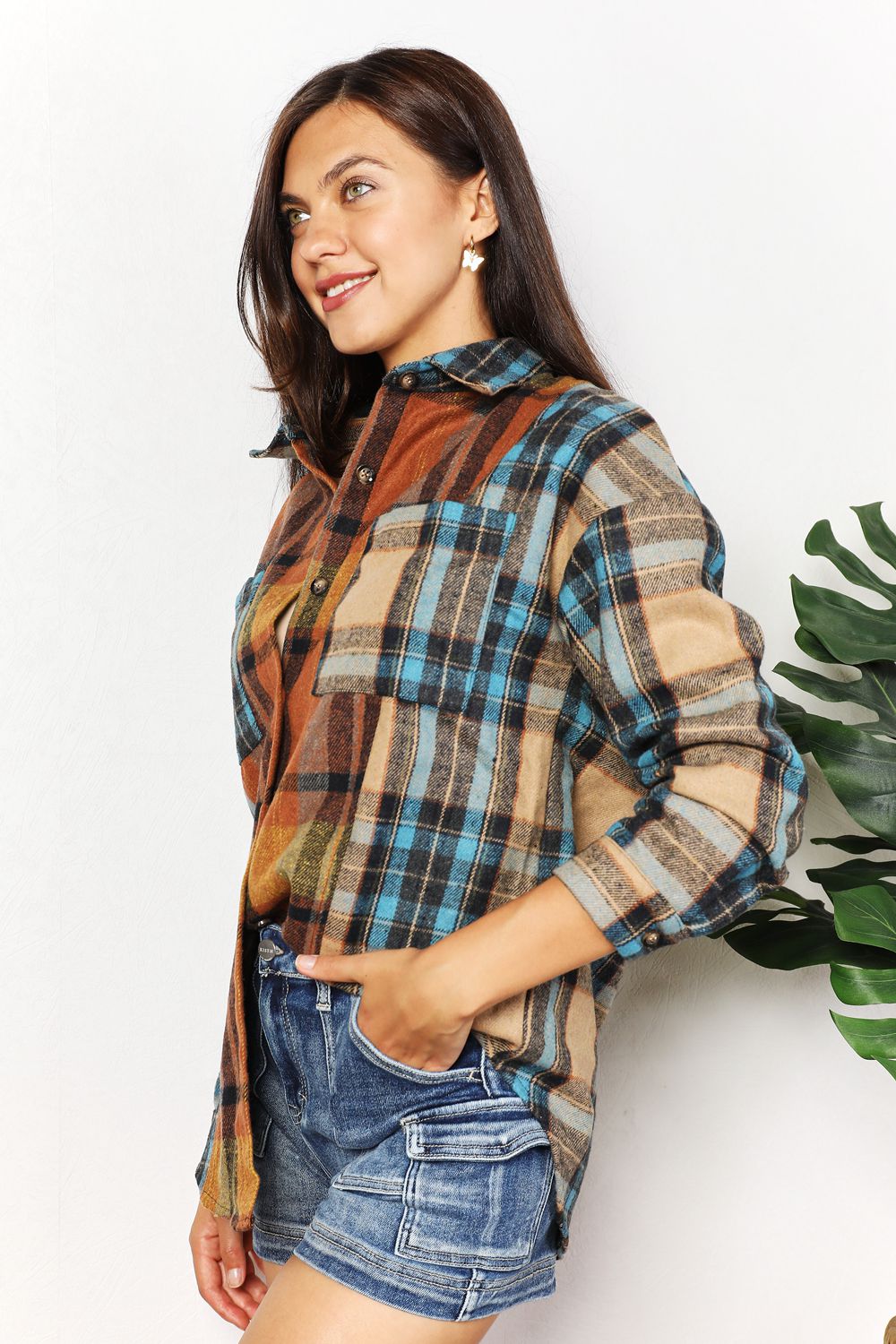 Double Take Plaid Curved Hem Shirt Jacket with Breast Pockets - Trendsi