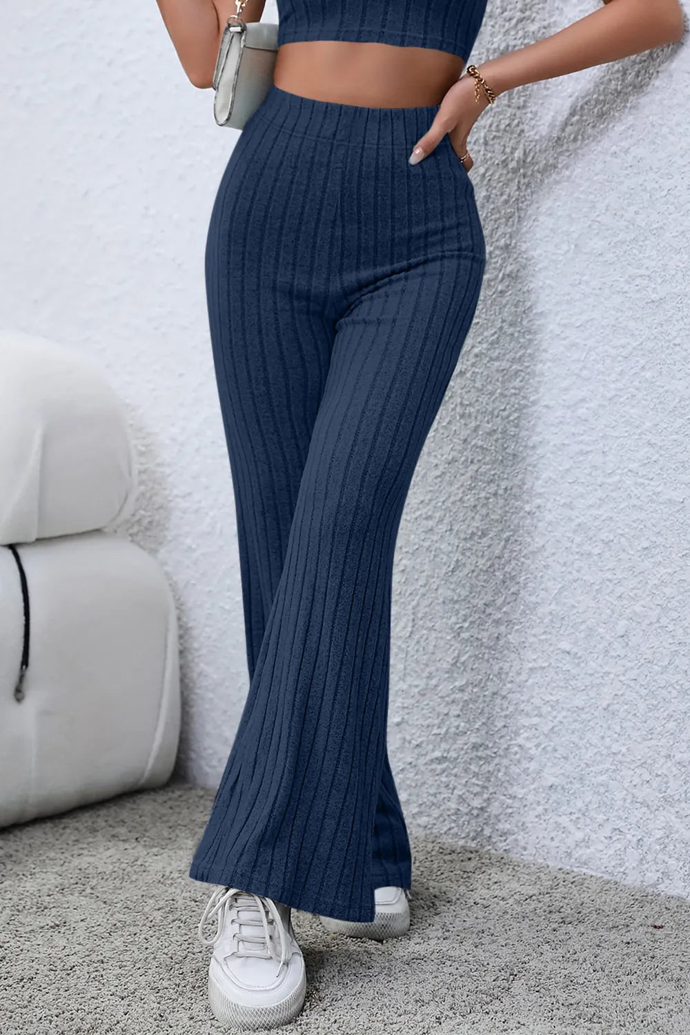 Basic Bae Full Size Ribbed High Waist Flare Pants - Trendsi