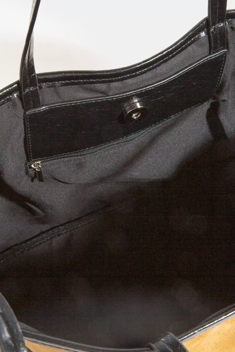 Fame Suede Tote Faux Leather Trim Shoulder Strap - Trendsi