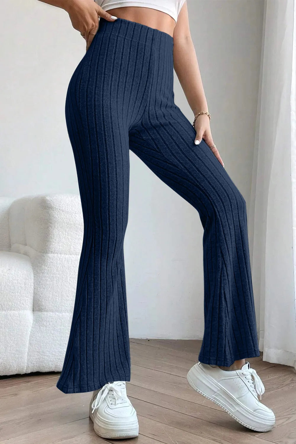 Basic Bae Full Size Ribbed High Waist Flare Pants - Trendsi