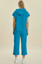 Double Take Full Size Texture Drawstring Short Sleeve Hoodie and Pocketed Pants Set - Trendsi