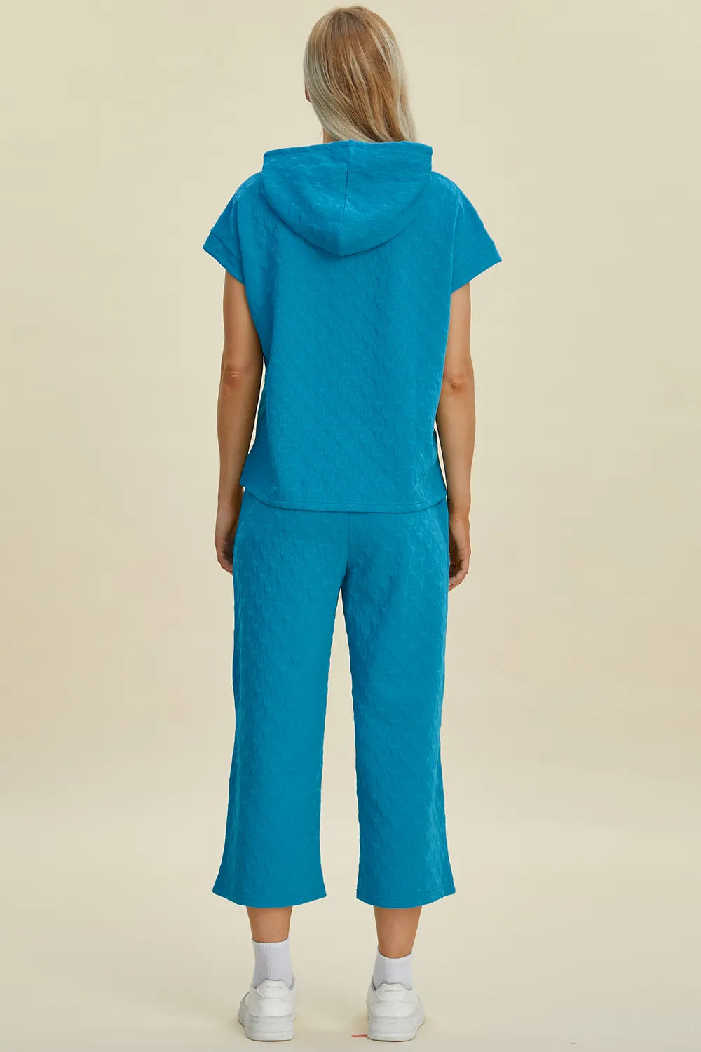 Double Take Full Size Texture Drawstring Short Sleeve Hoodie and Pocketed Pants Set - Trendsi