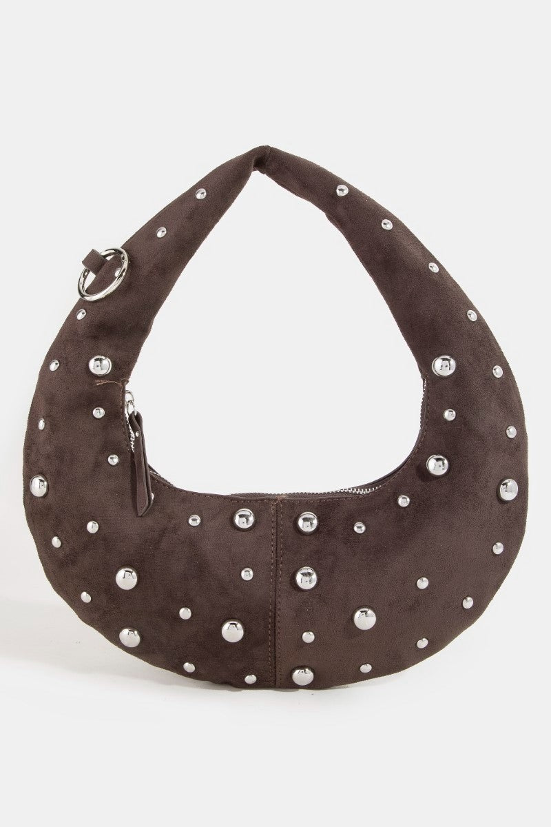 Fame Dome Studded Chrome Crescent Hand Bag - Trendsi