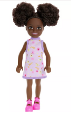 Barbie 6.3" Chelsea Small Doll Brown Hair/Brown Eyes Wearing Removable Purple Floral Dress with Space Buns
