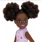 Barbie 6.3" Chelsea Small Doll Brown Hair/Brown Eyes Wearing Removable Purple Floral Dress with Space Buns