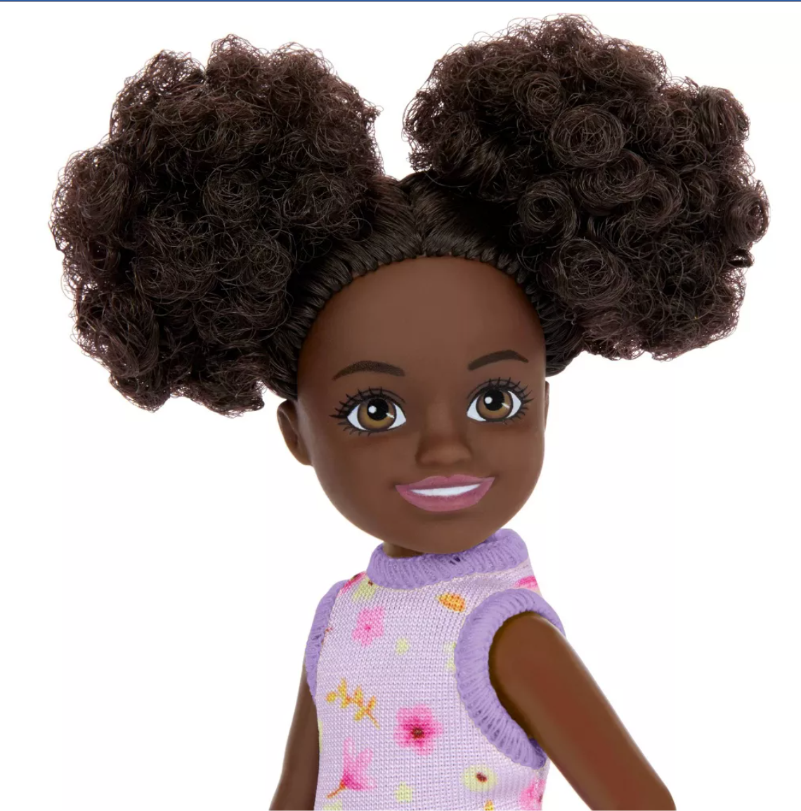 Barbie 6.3" Chelsea Small Doll Brown Hair/Brown Eyes Wearing Removable Purple Floral Dress with Space Buns