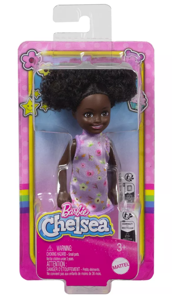 Barbie 6.3" Chelsea Small Doll Brown Hair/Brown Eyes Wearing Removable Purple Floral Dress with Space Buns