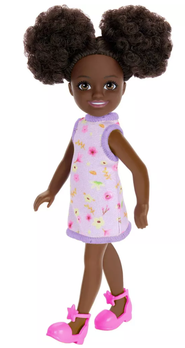Barbie 6.3" Chelsea Small Doll Brown Hair/Brown Eyes Wearing Removable Purple Floral Dress with Space Buns