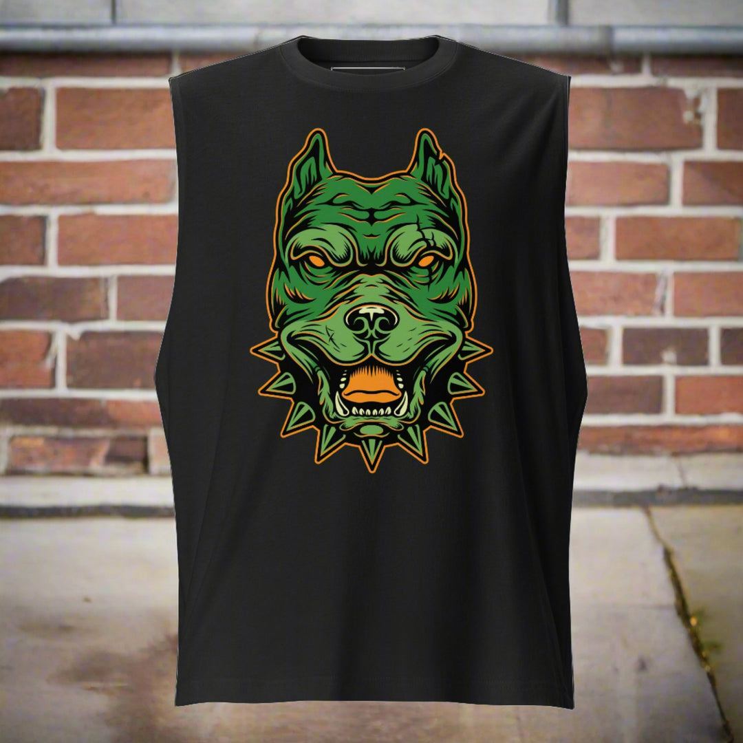 Black sleeveless tank with fierce dog illustration, displayed outdoors