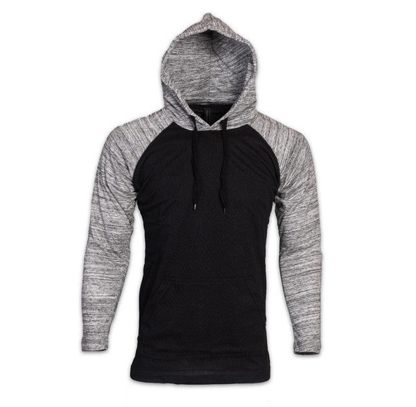 Lightweight black hoodie with heather gray raglan sleeves and hood, featuring a drawstring closure and front kangaroo pocket.