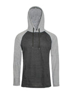 Lightweight charcoal gray hoodie with light gray raglan sleeves and drawstring hood, featuring a front kangaroo pocket.
