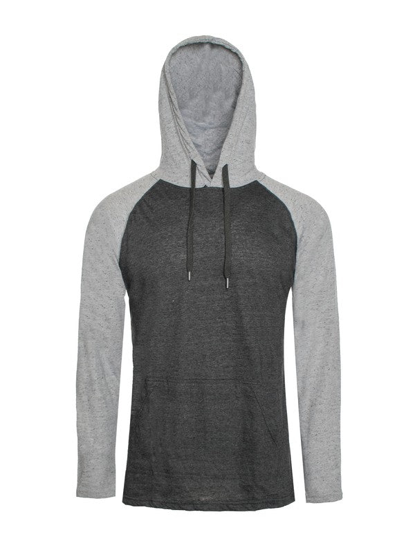Lightweight charcoal gray hoodie with light gray raglan sleeves and drawstring hood, featuring a front kangaroo pocket.