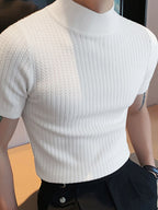 Man wearing white mock neck short sleeve tee with ribbed texture