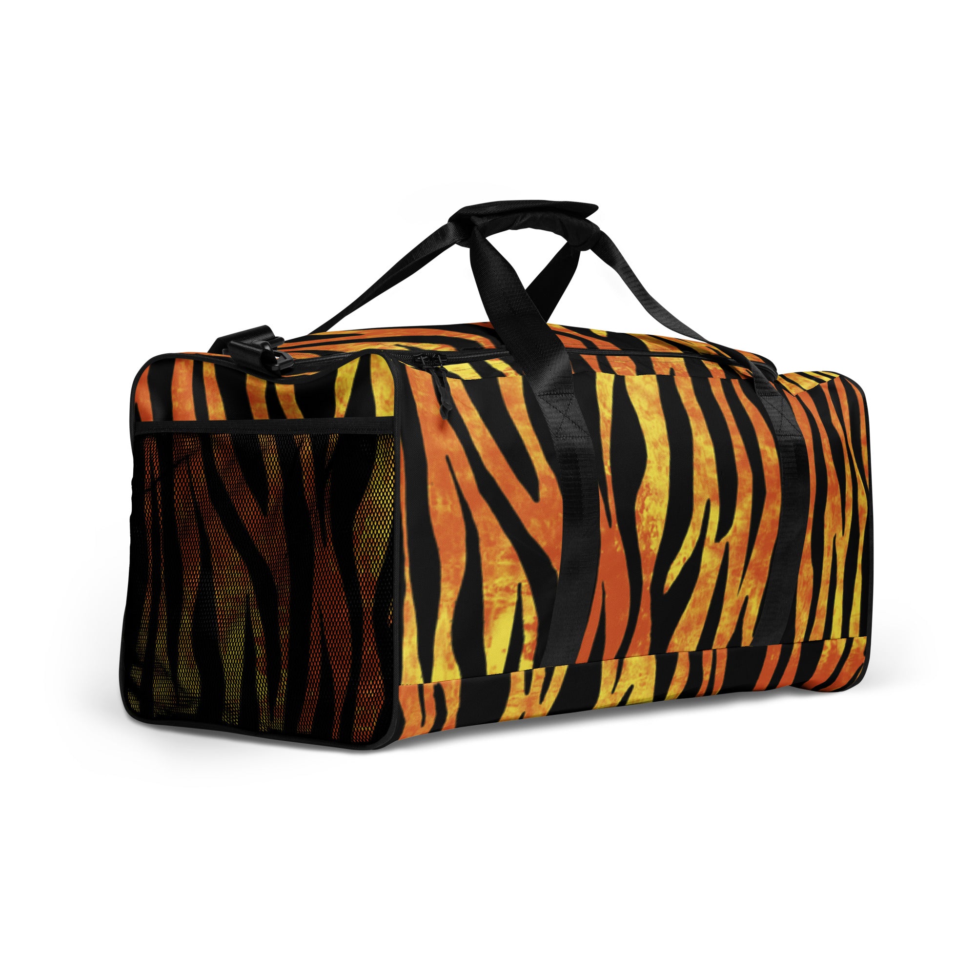 Tiger print gym bag on floor with black handles